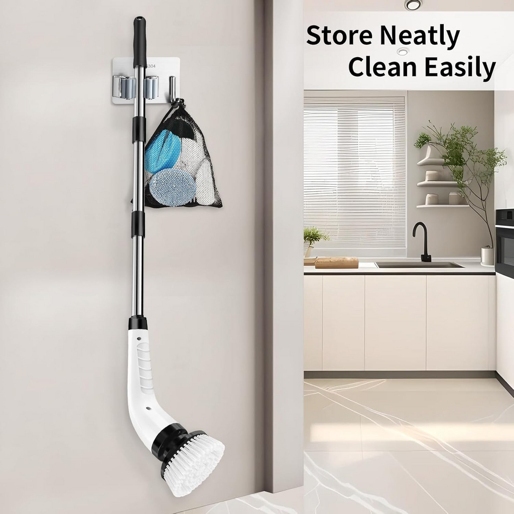 Electric Cleaning Brush Rotary Scrubber with 7 Heads Adjustable Handle Wet Dry White