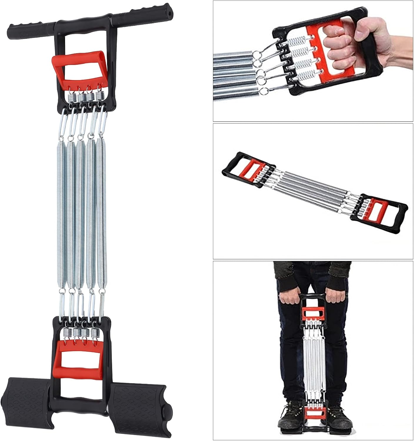 Chest Expander Resistance Trainer 5 Spring Adjustable Hand Gripper Pull Exerciser - Black & Red