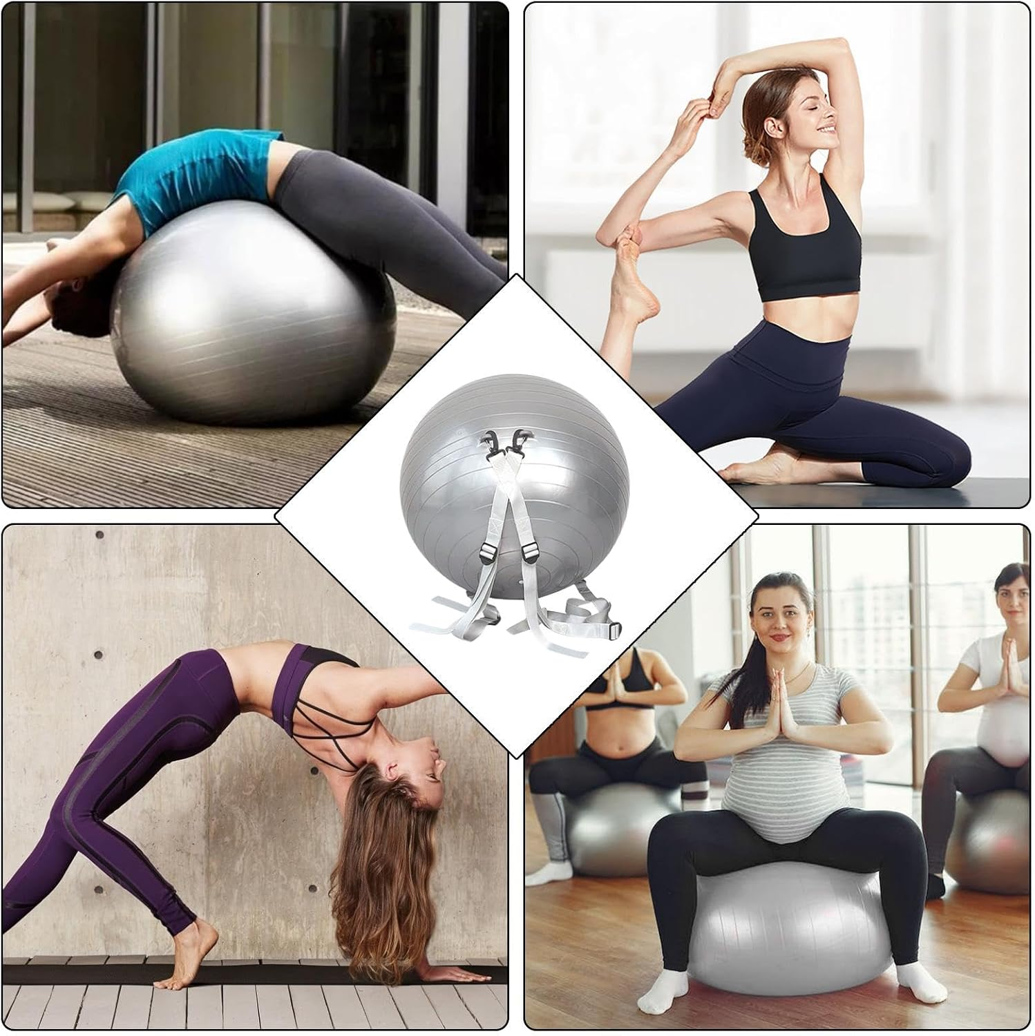 Yoga Pilates Ball PVC Exercise Ball 55cm with Strap Pump Massage Fitness Training Ball - Gray