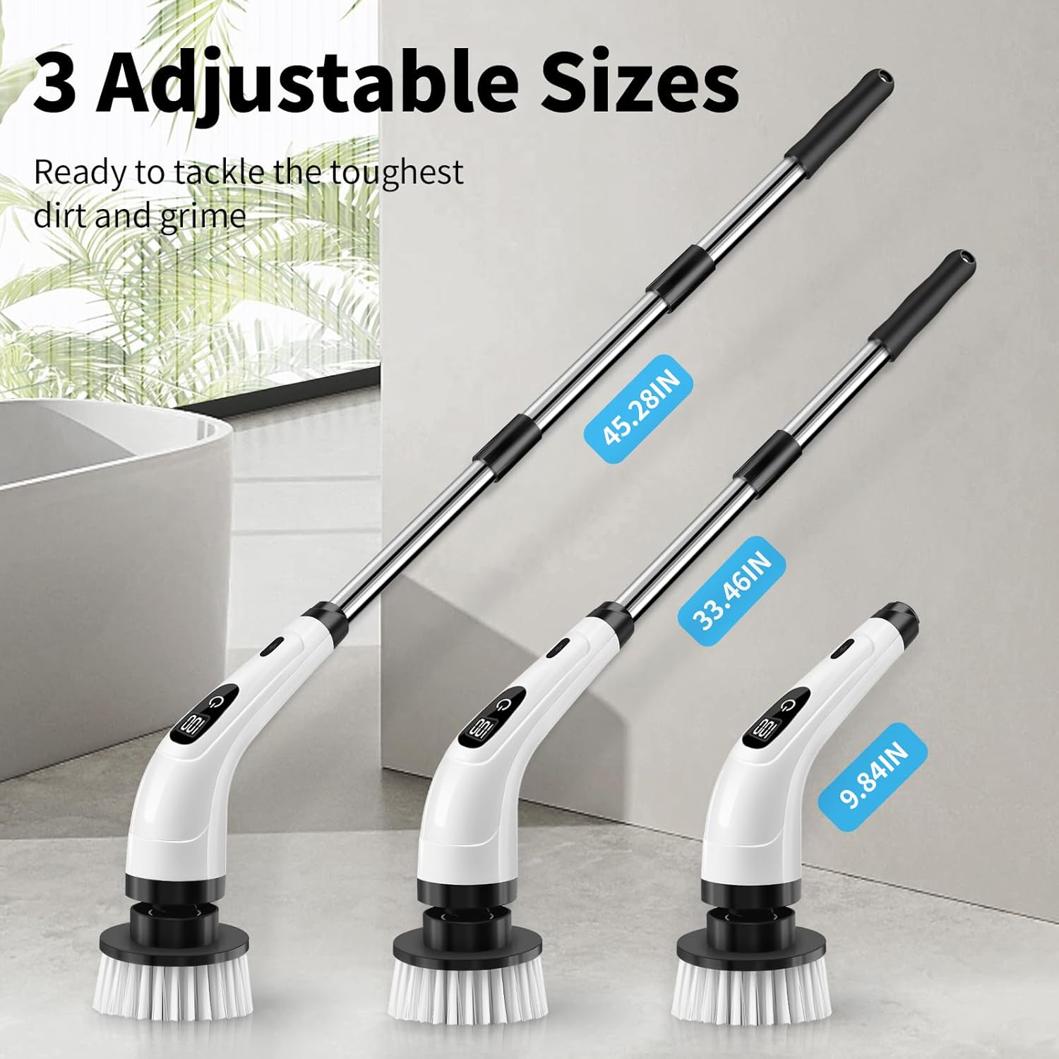 Electric Cleaning Brush Rotary Scrubber with 7 Heads Adjustable Handle Wet Dry White