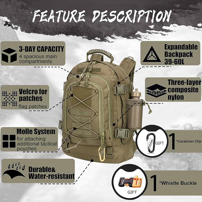 Tactical Backpack 60L Expandable Waterproof Hiking Travel Laptop Bag - Green