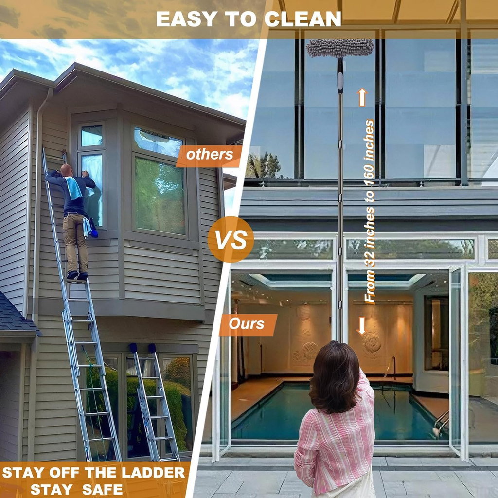 Window Cleaning Kit 2 in 1 Squeegee Microfiber Cleaner with 430cm Extension Pole Gray