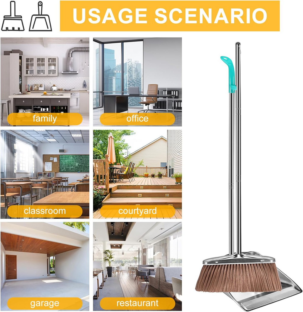 Broom and Dustpan Set Stainless Steel Long Handle Sweeping Cleaning Combo Square Dustpan