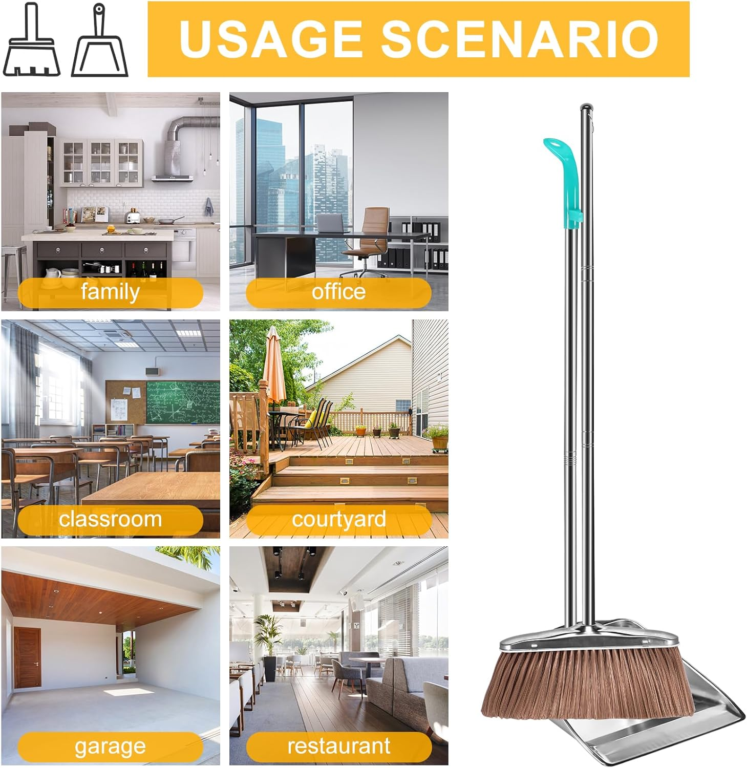 Broom and Dustpan Set Stainless Steel Long Handle Sweeping Cleaning Combo Square Dustpan