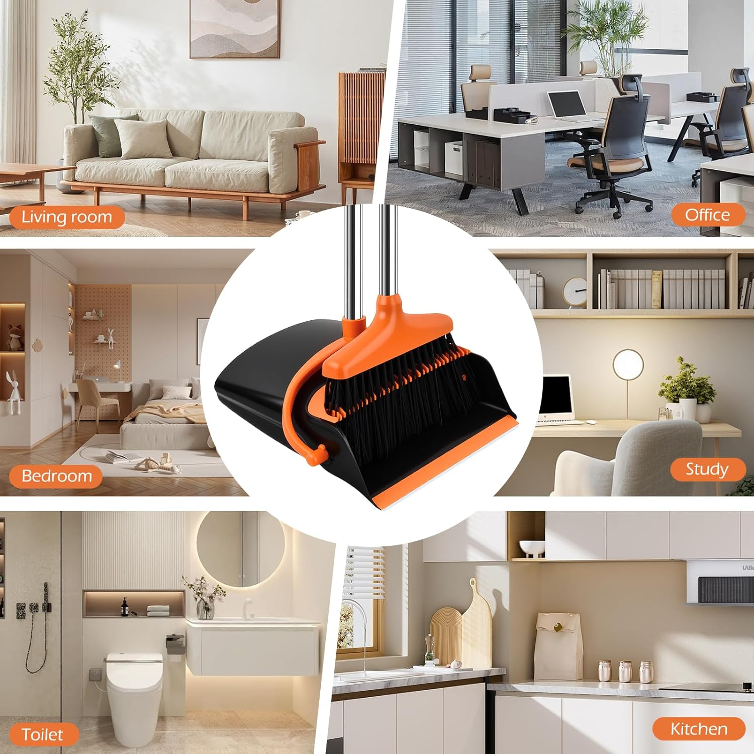 Broom and Dustpan Set Long Handle Upright Cleaning Combo Indoor Outdoor Use Orange