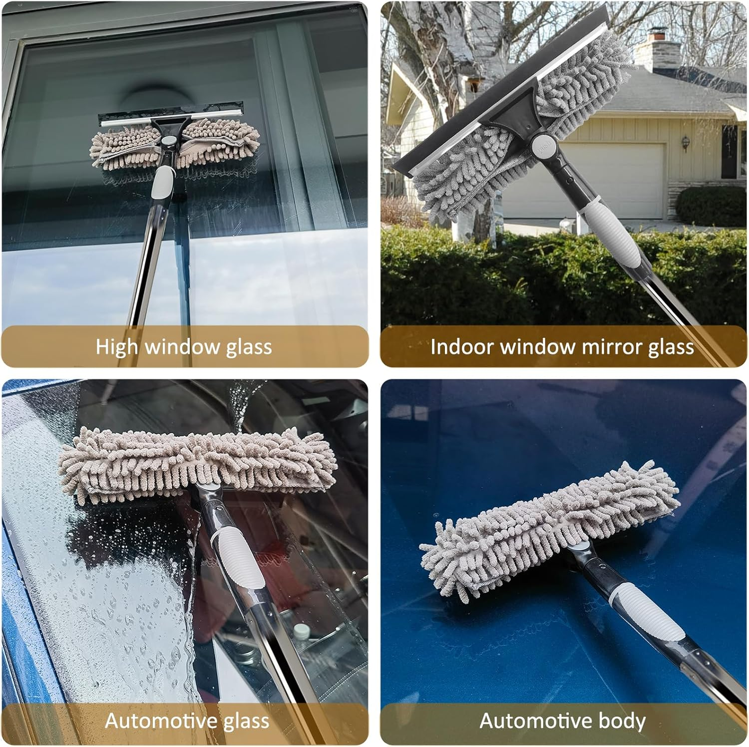 Window Cleaning Kit 2 in 1 Squeegee Microfiber Cleaner with 430cm Extension Pole Gray