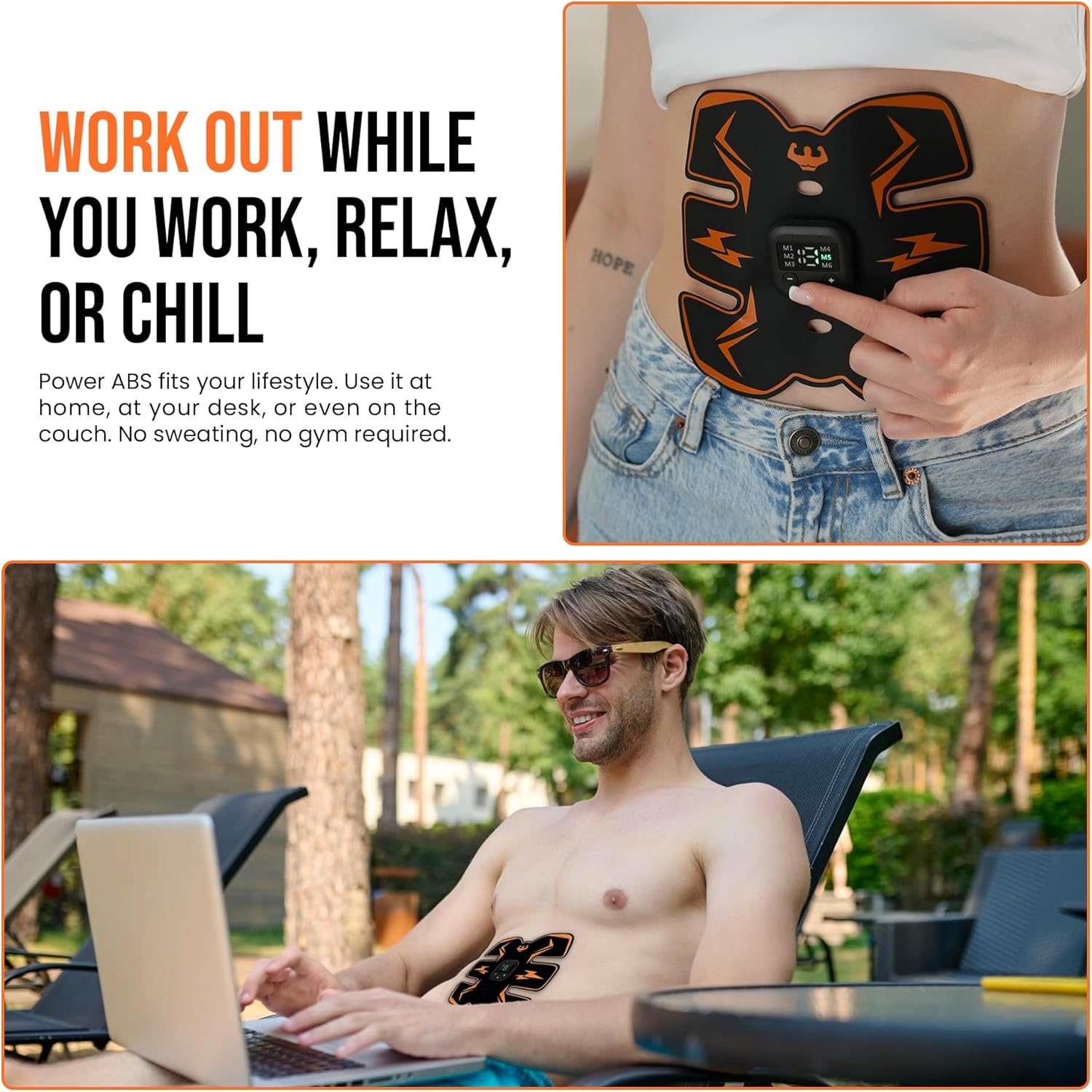 EMS Muscle Stimulator Wireless Abdominal Trainer Rechargeable Fitness Toning Device - Orange
