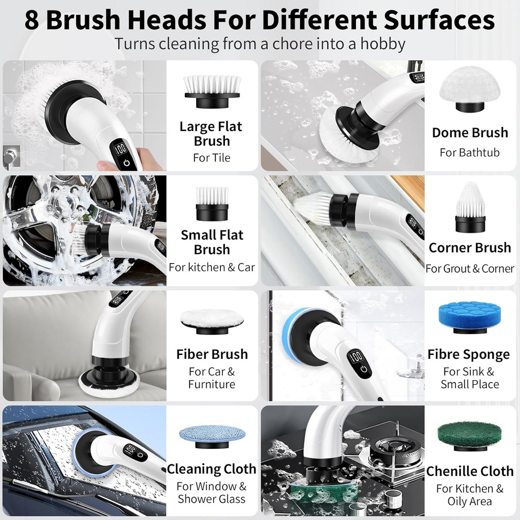 Electric Cleaning Brush Rotary Scrubber with 7 Heads Adjustable Handle Wet Dry White