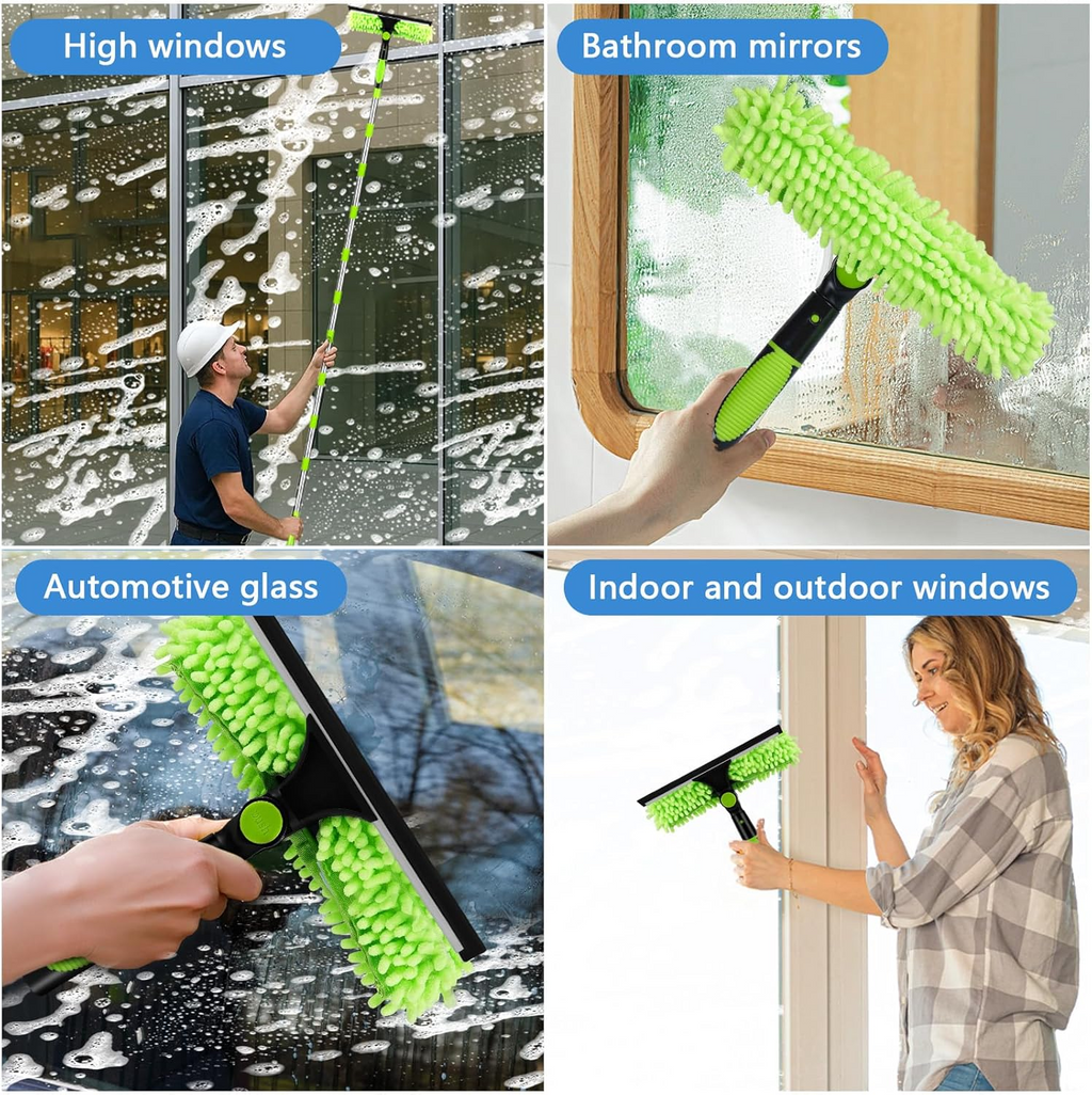 Window Cleaning Kit 2 in 1 Squeegee Microfiber Cleaner with 430cm Extension Pole Green