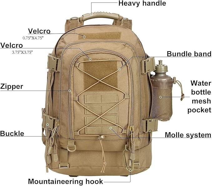 Tactical Backpack 60L Expandable Waterproof Hiking Travel Laptop Bag - Brown