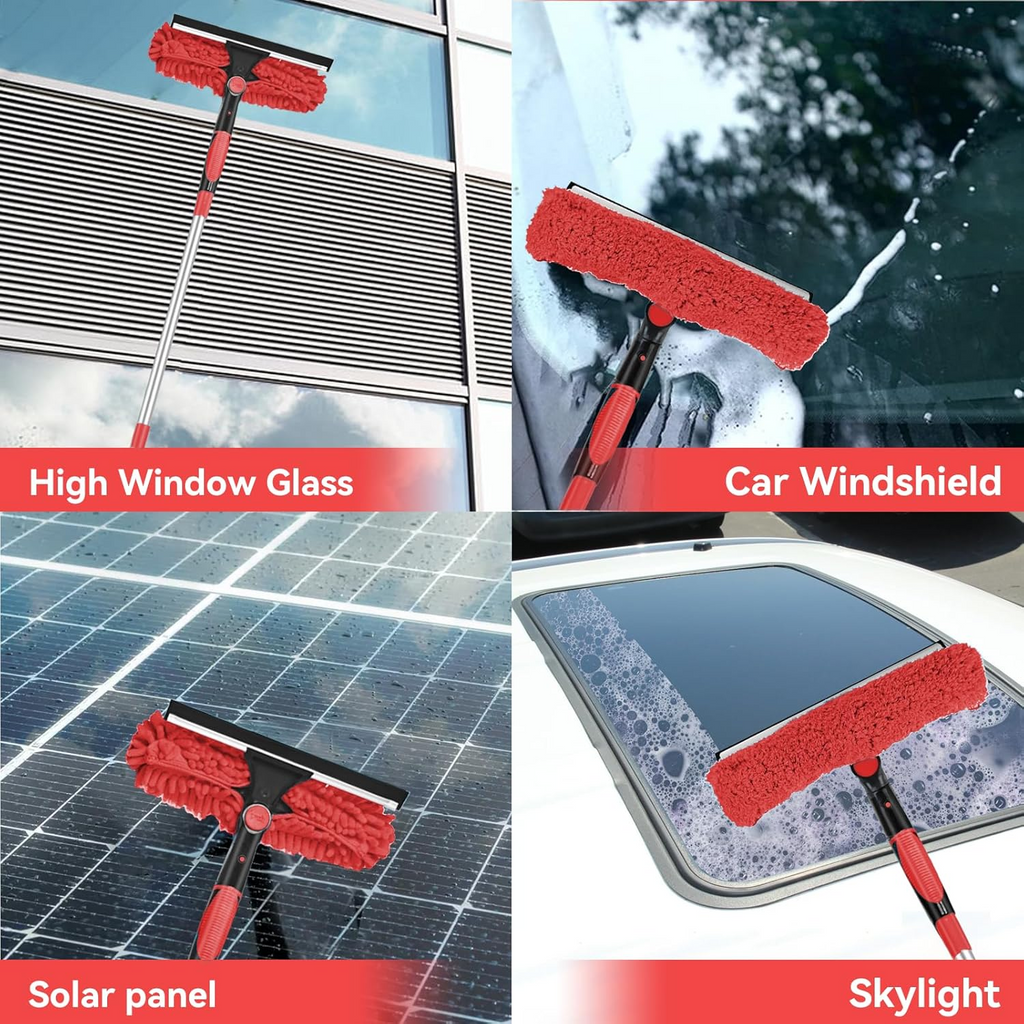 Window Cleaning Kit 2 in 1 Squeegee Microfiber Cleaner with 430cm Extension Pole Red