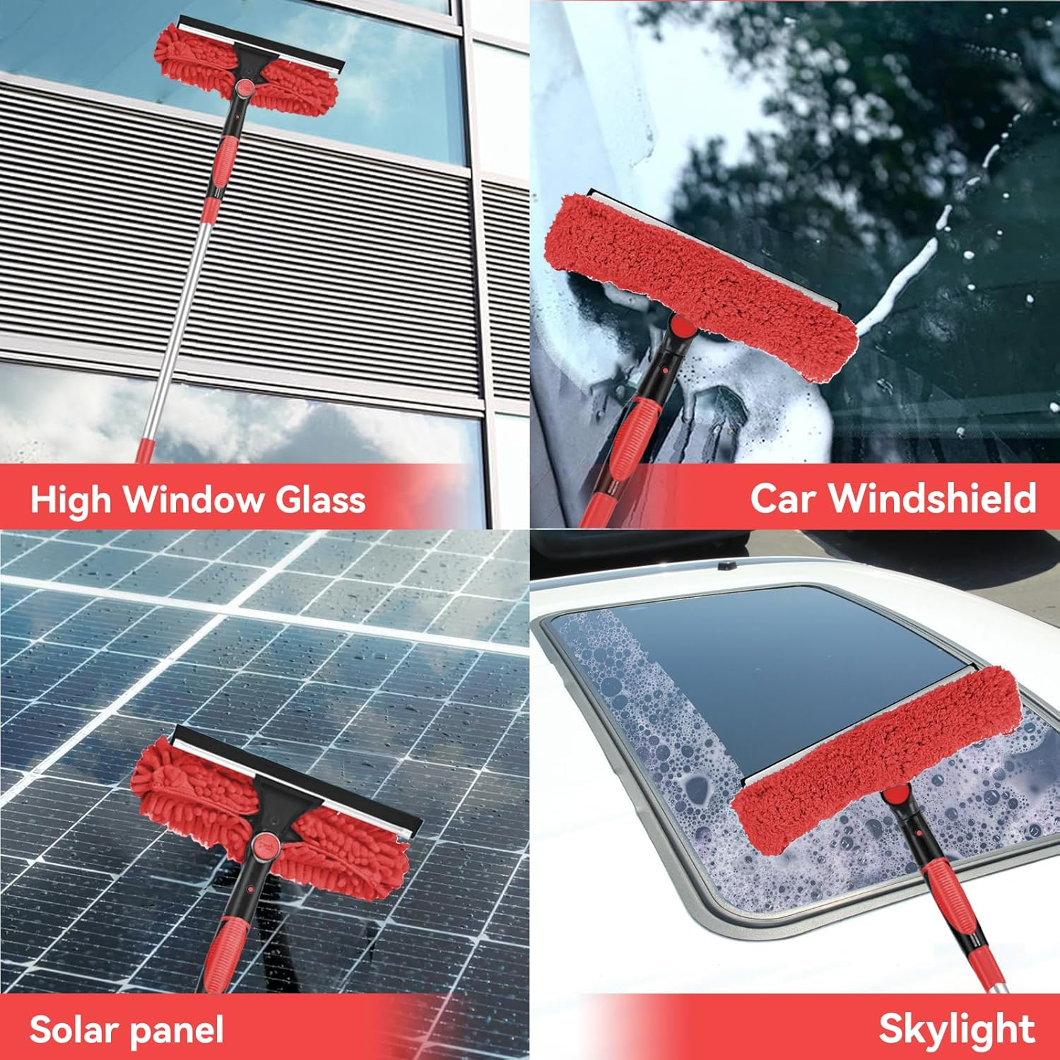 Window Cleaning Kit 2 in 1 Squeegee Microfiber Cleaner with 430cm Extension Pole Red