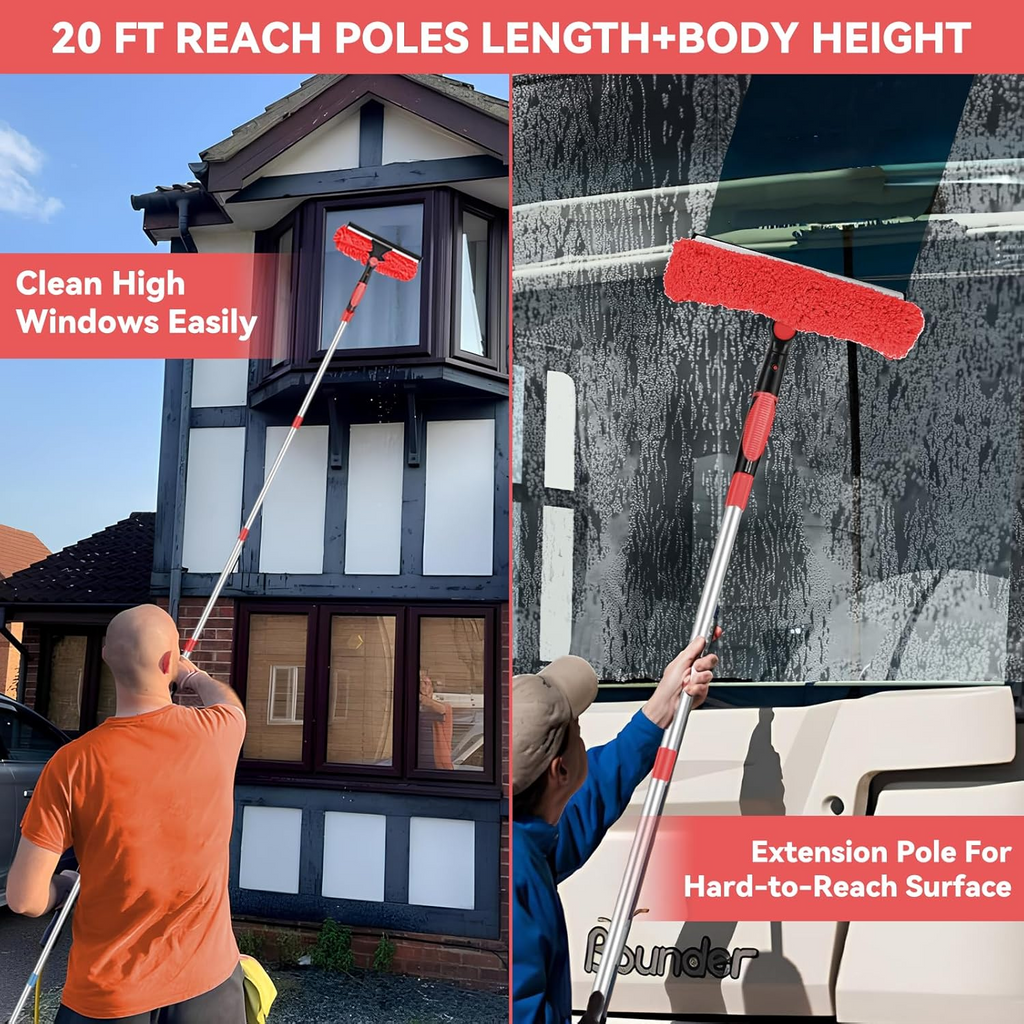 Window Cleaning Kit 2 in 1 Squeegee Microfiber Cleaner with 430cm Extension Pole Red