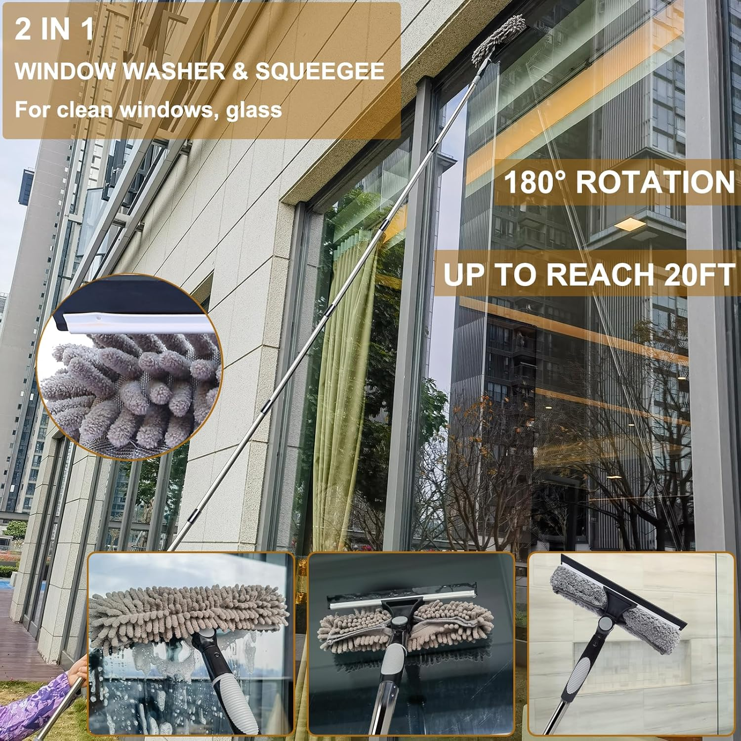 Window Cleaning Kit 2 in 1 Squeegee Microfiber Cleaner with 430cm Extension Pole Gray