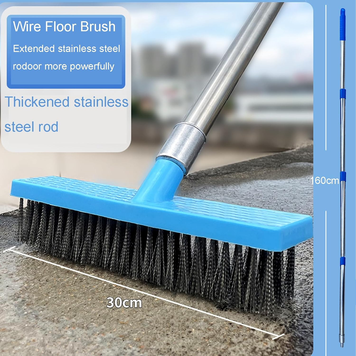 Deck Scrub Brush Long Handle Stainless Steel Wire Floor Cleaning Brush - Blue