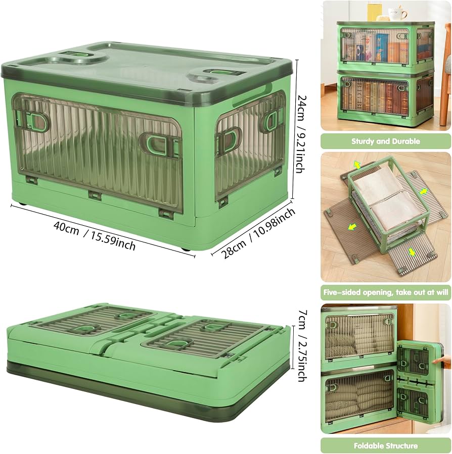 Storage Box 18L Foldable Transparent Organizer Bin with Multi-Access Opening - Green