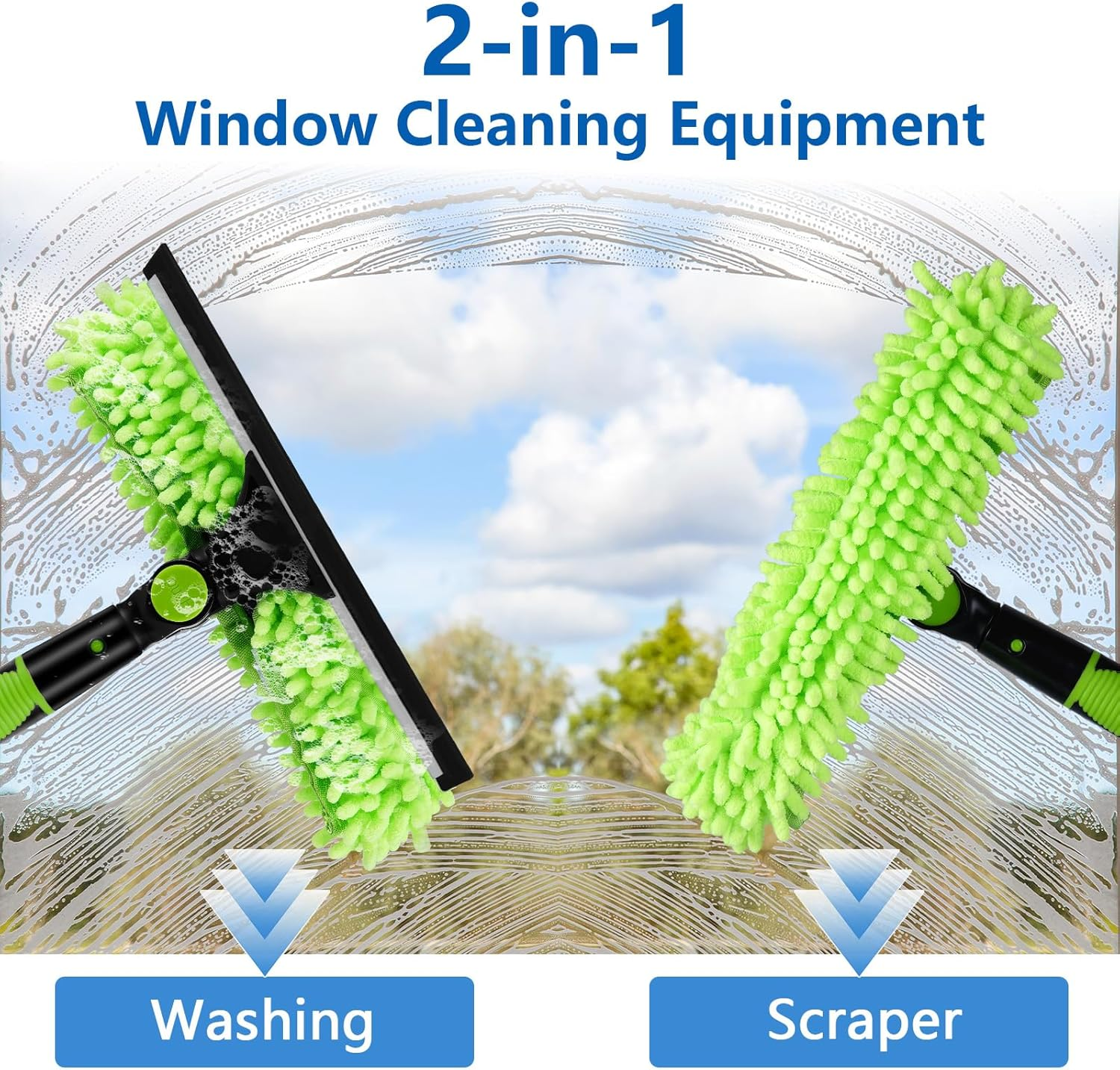 Window Cleaning Kit 2 in 1 Squeegee Microfiber Cleaner with 430cm Extension Pole Green