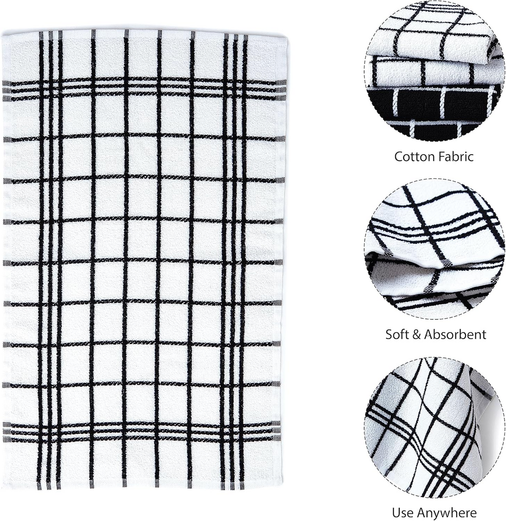 Dish Towels Set 10pcs Plaid Kitchen Cleaning Cloth Large Soft Polyester - Black