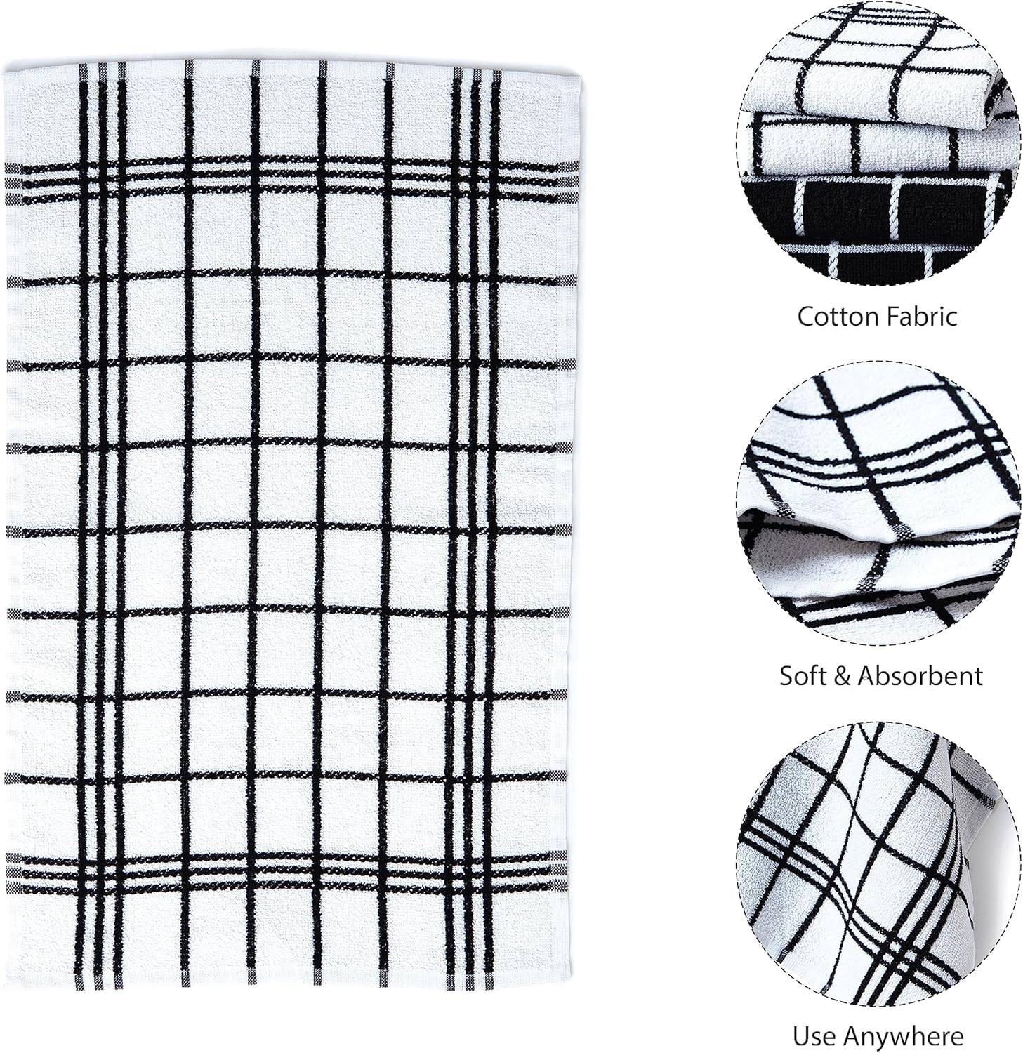 Dish Towels Set 10pcs Plaid Kitchen Cleaning Cloth Large Soft Polyester - Black