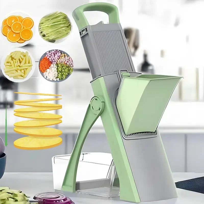 Multifunctional Vegetable Chopper Adjustable Food Slicer Julienne Dicer French Fry Cutter - Green