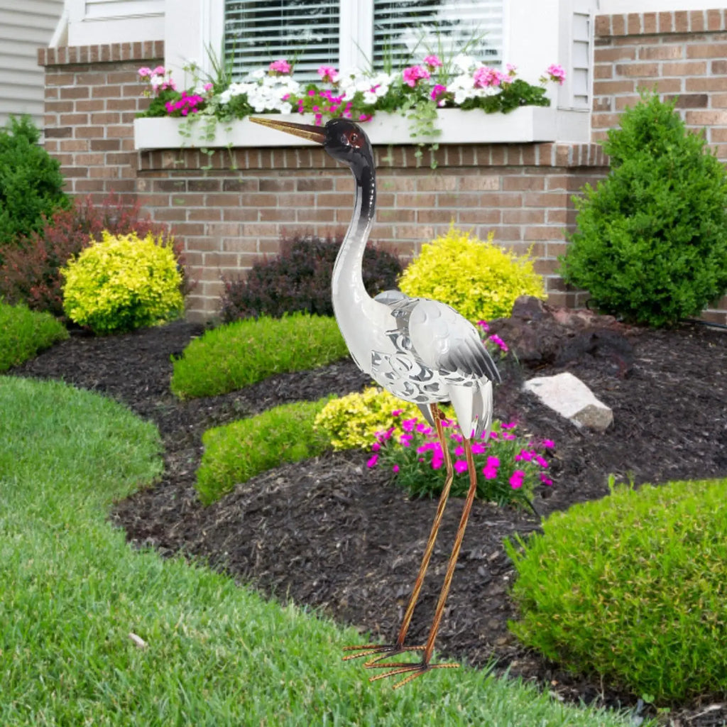 Garden Crane Statue Metal Heron Sculpture Outdoor Decorative Ornament - 22.5x58cm