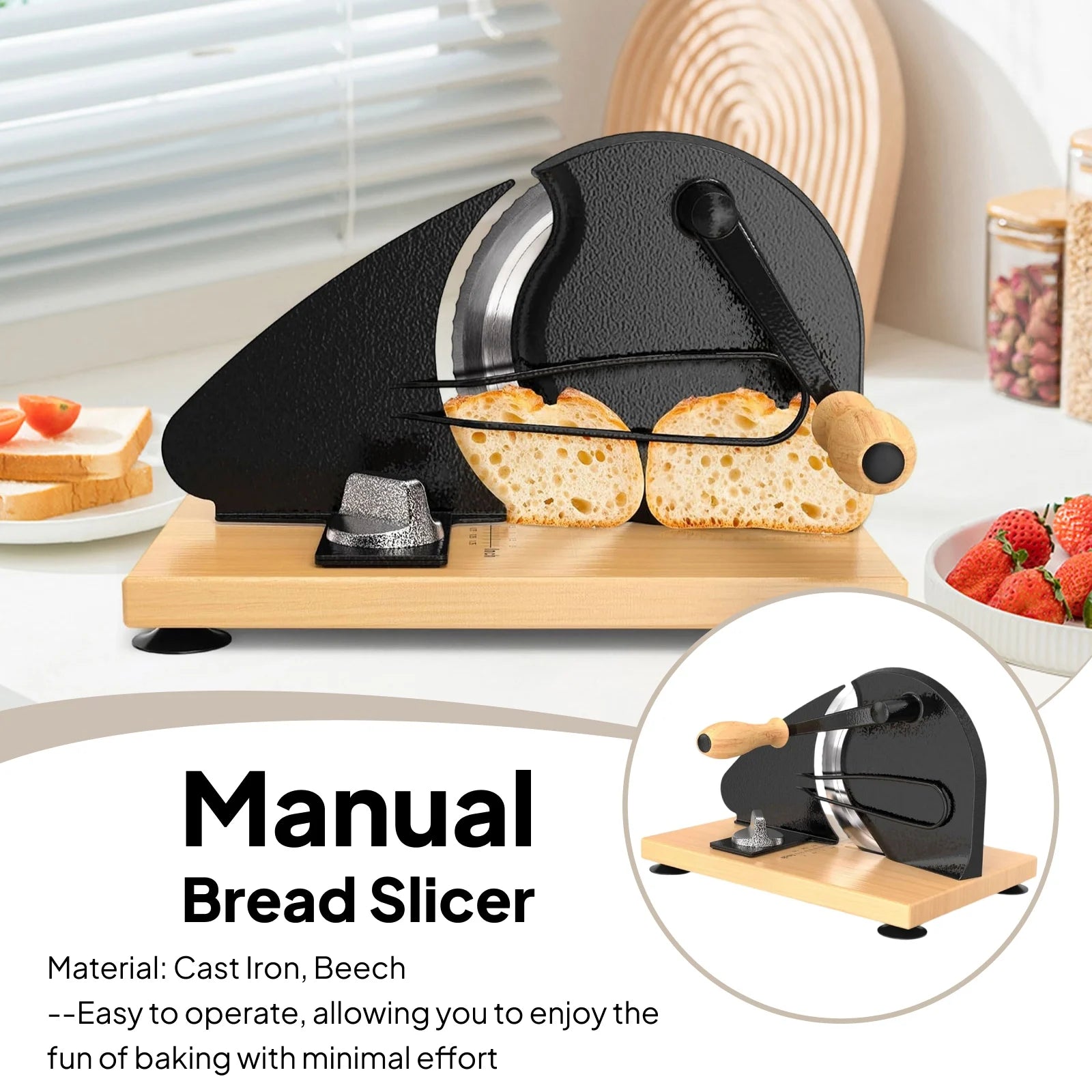 Manual Bread Slicer – Cast Iron Body & Beech Wood Base – Adjustable Thickness – Black