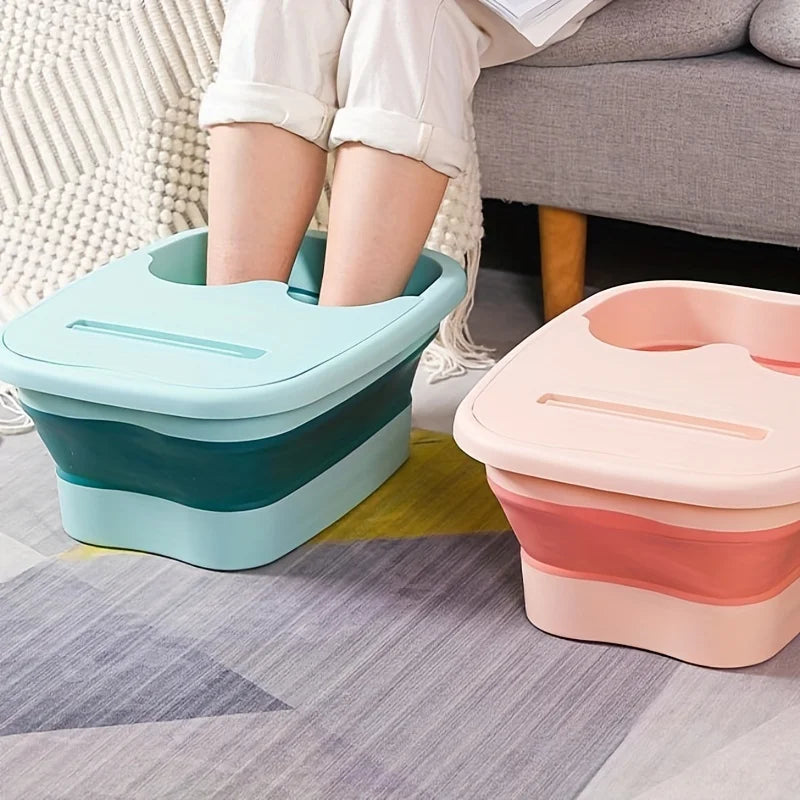 Foldable Foot Bath Massage Bucket With Lid Collapsible Portable Foot Soak Basin - Blue