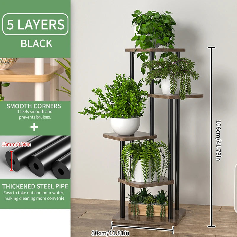 Wooden Plant Stand for Flowers – 5-Tier Indoor Flower Shelf – Multi-Layer Planter Rack – Black