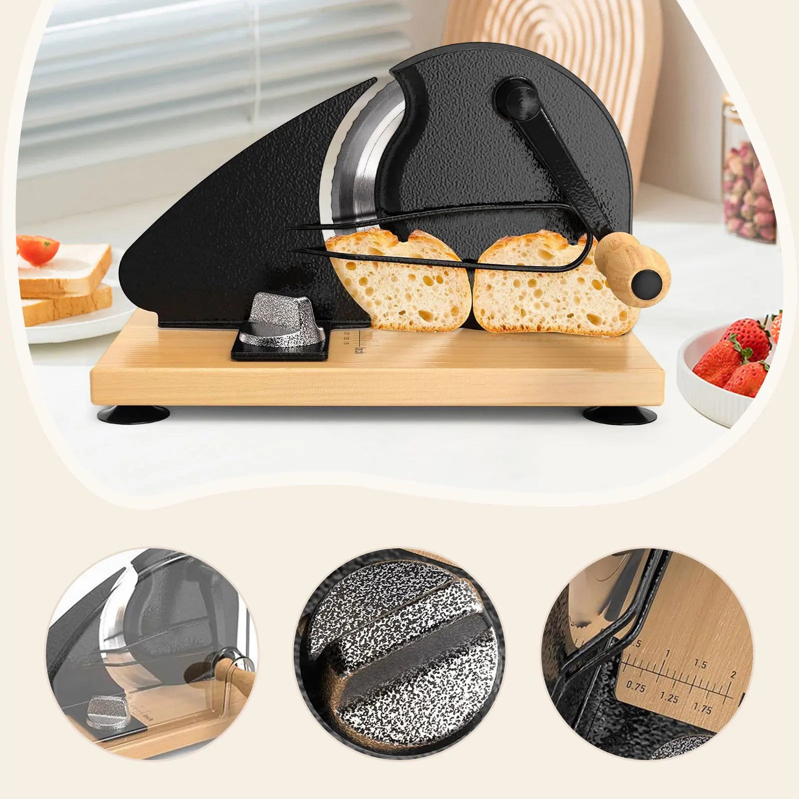 Manual Bread Slicer – Cast Iron Body & Beech Wood Base – Adjustable Thickness – Black