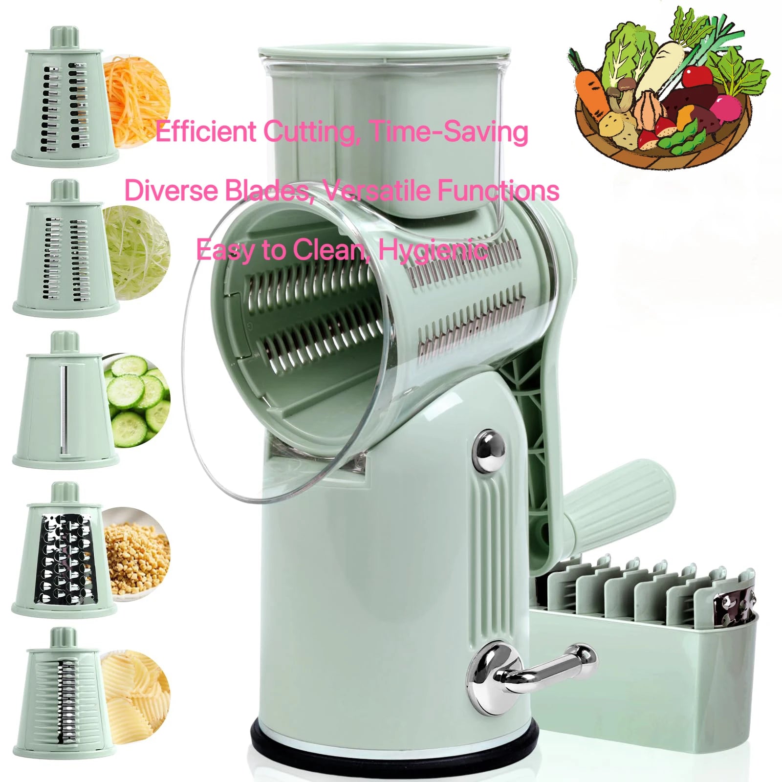 Rotary Cheese Mill 5-in-1 Manual Vegetable Slicer and Shredder – Green