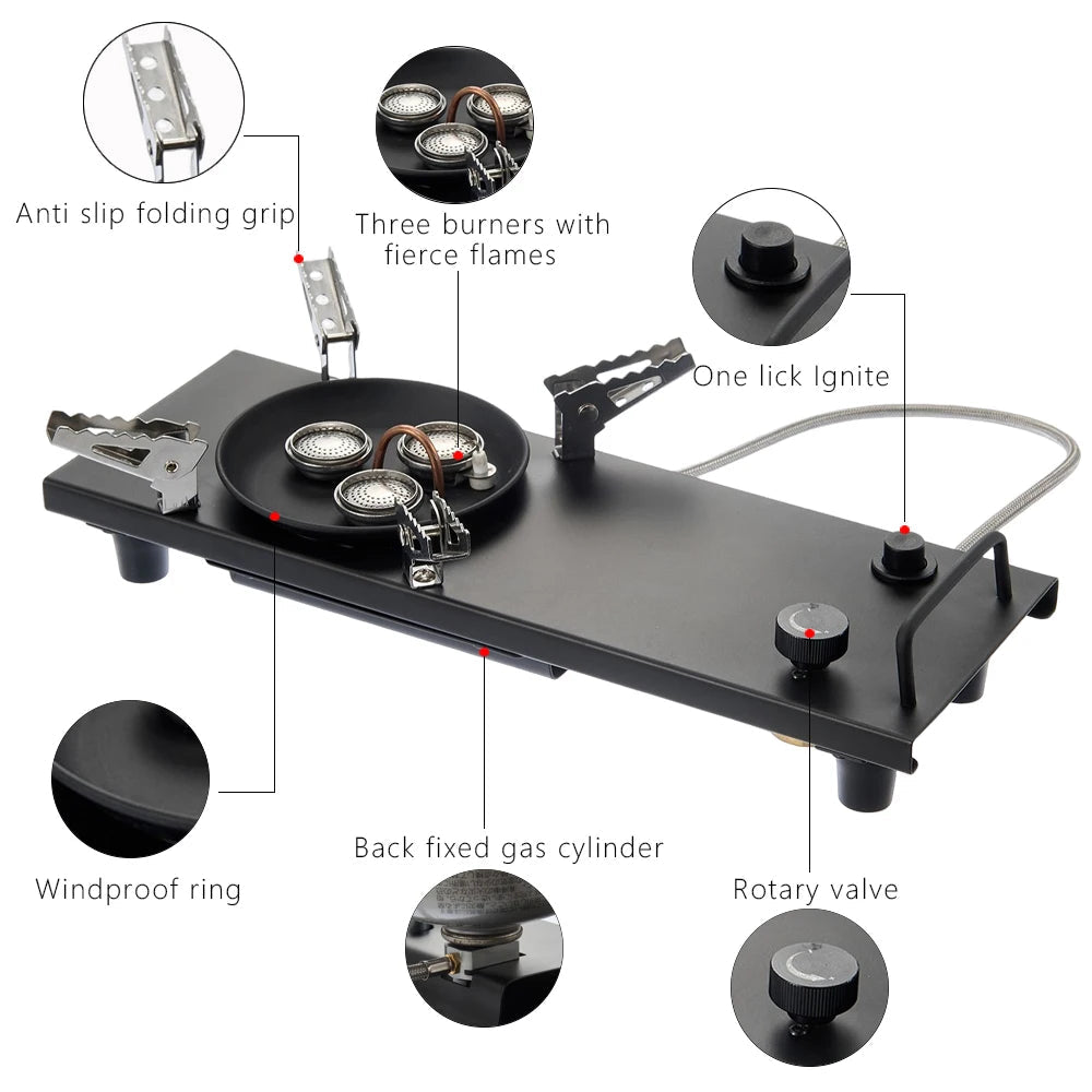 Camping Gas Stove Foldable 3 Burner Stainless Steel IGT Cooking Module - Black