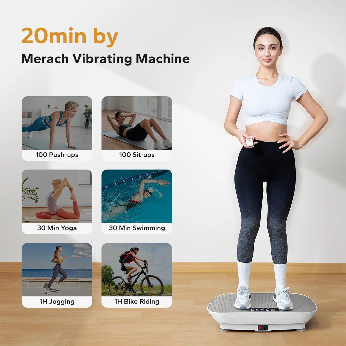 Vibration Plate Exercise Machine Bluetooth Fitness Platform with Resistance Bands and Remote Control – White
