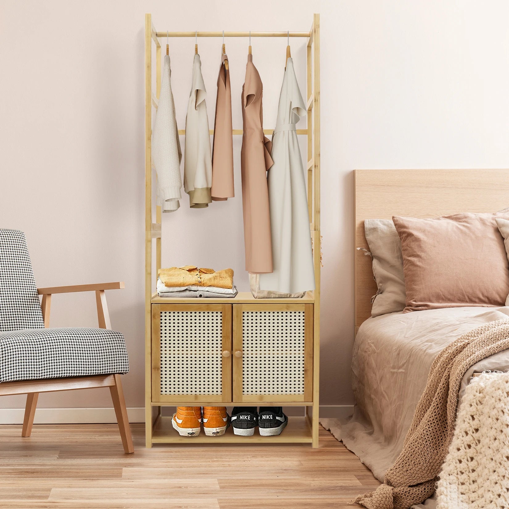 Bamboo Clothes Rack with Storage Cabinet Hanging Rail and Shelves Freestanding Wardrobe Organizer – Natural Wood
