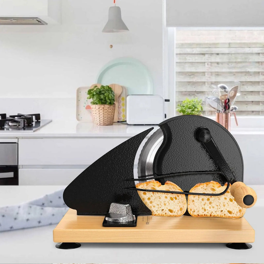 Manual Bread Slicer – Cast Iron Body & Beech Wood Base – Adjustable Thickness – Black