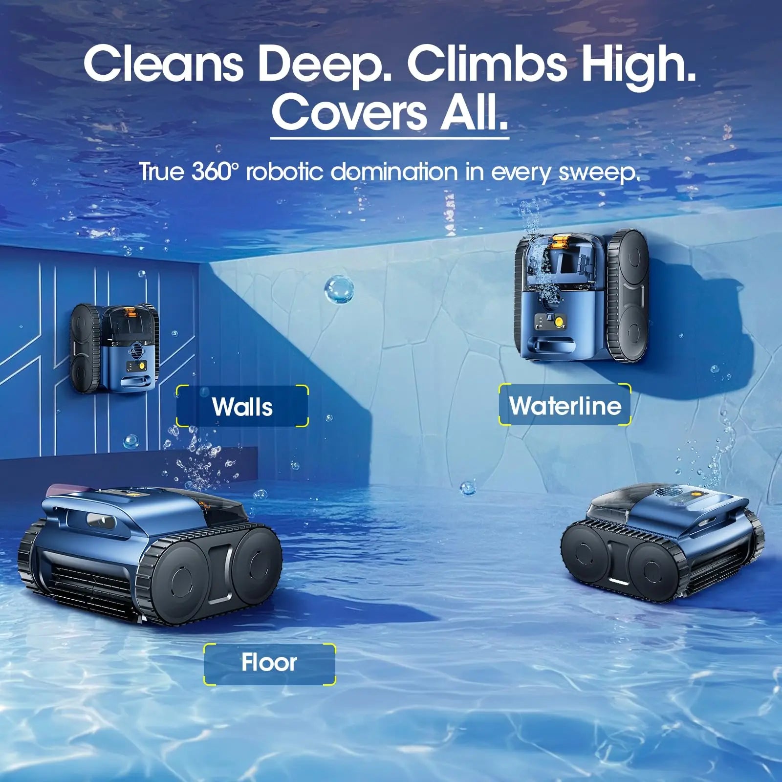 Robotic Pool Cleaner Cordless Automatic Wall Climbing Pool Vacuum 2000 sq.ft Coverage – Blue
