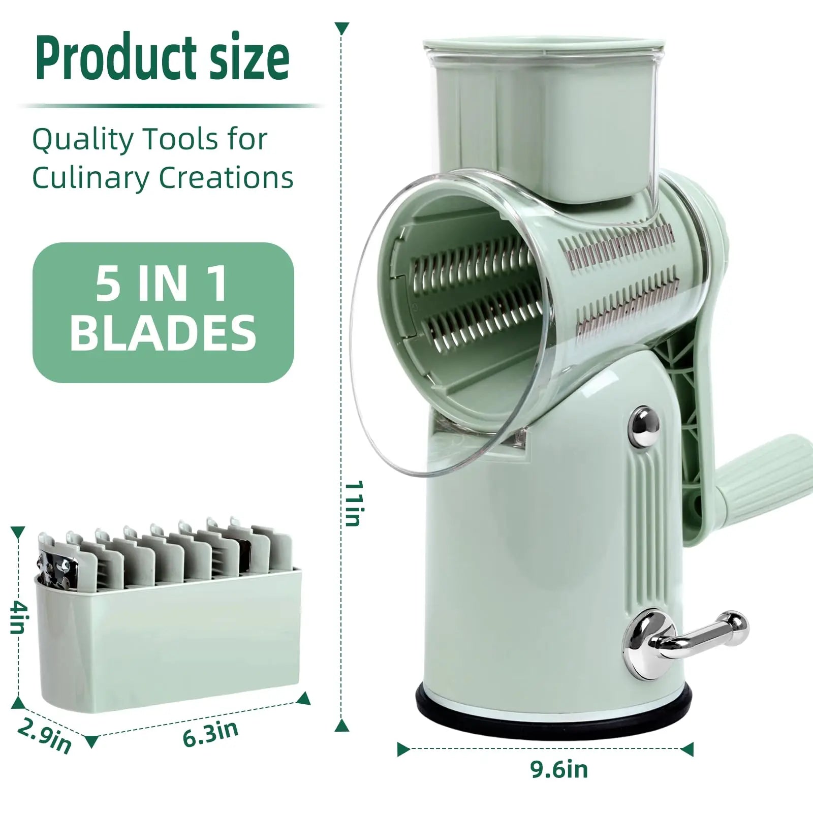 Rotary Cheese Mill 5-in-1 Manual Vegetable Slicer and Shredder – Green