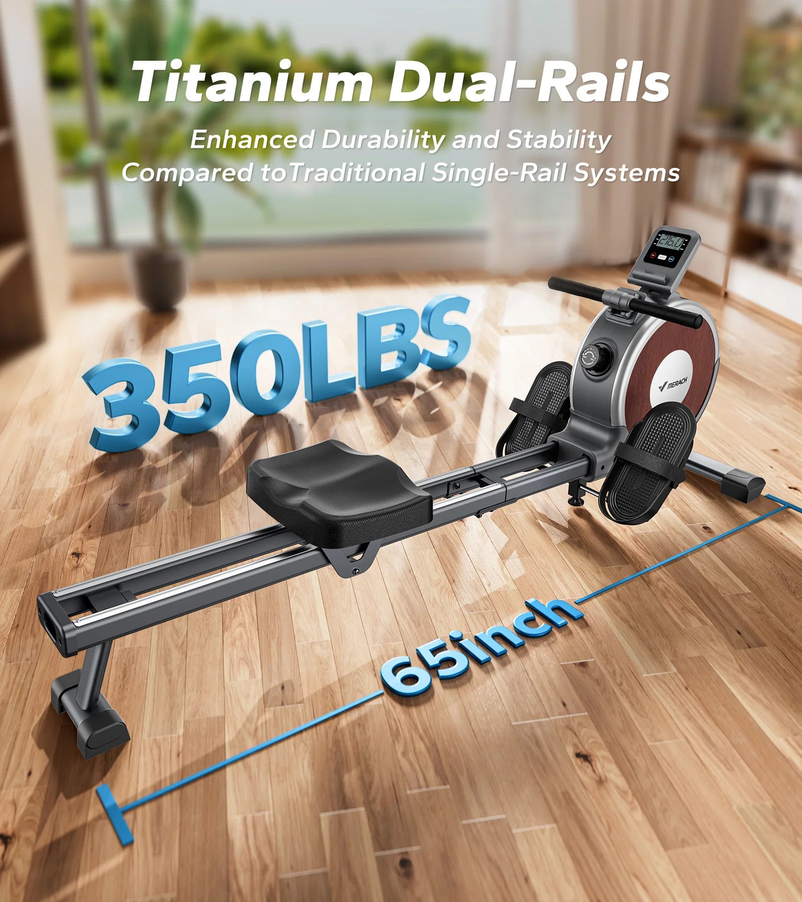Rowing Machine Magnetic Resistance Rower 16 Levels Dual Rail Bluetooth Fitness Trainer