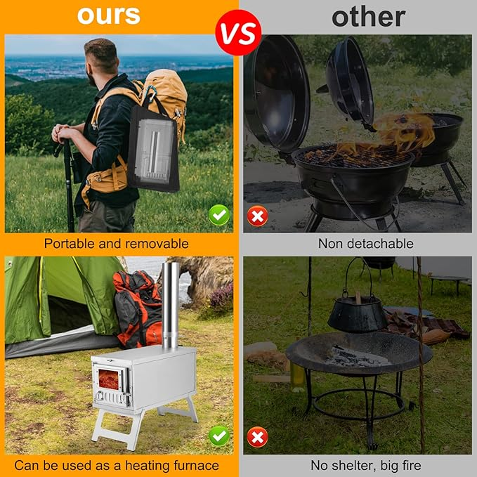 Camping Stove Foldable Stainless Steel Wood Burning Stove with Chimney - 4.25 Kg
