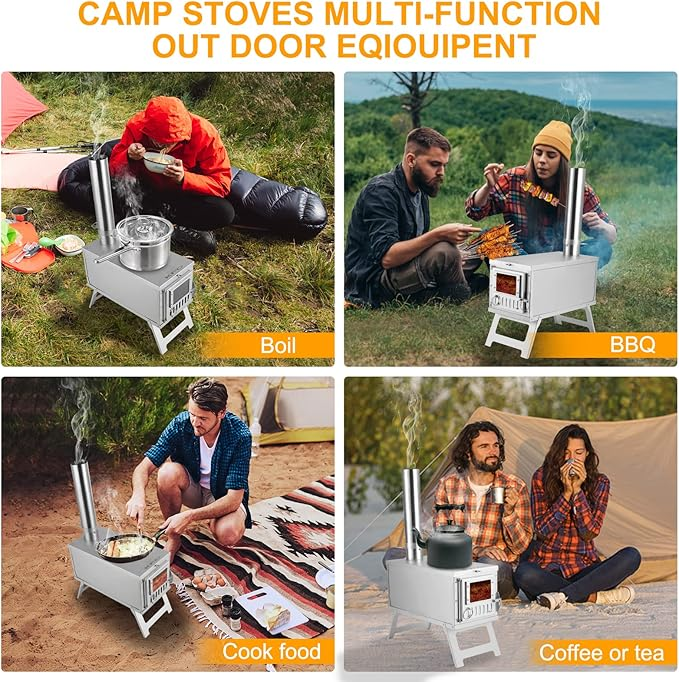 Camping Stove Foldable Stainless Steel Wood Burning Stove with Chimney - 4.25 Kg