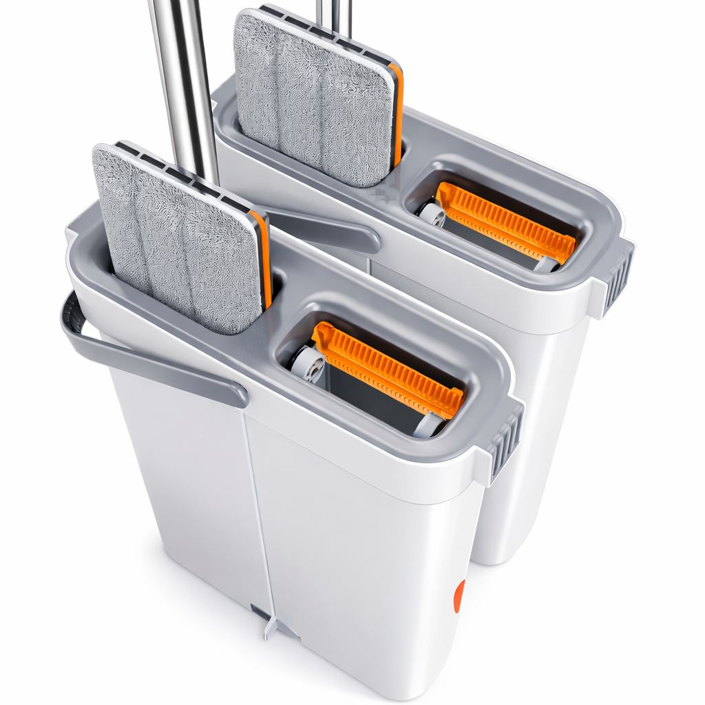 Portable Flat Mop Bucket Set with 2 Microfibre Mop Pads Hands-Free Floor Cleaning System
