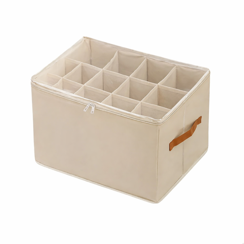 Foldable Grid Shoe Storage Organizer Box Portable Wardrobe Divider Non Woven Fabric 12 Compartment - Beige