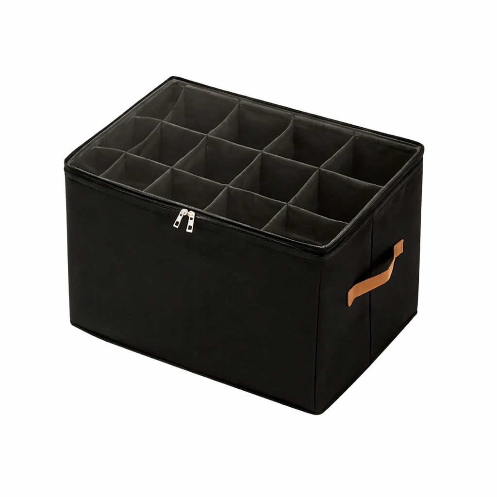 Foldable Grid Shoe Storage Organizer Box Portable Wardrobe Divider Non Woven Fabric 12 Compartment - Black