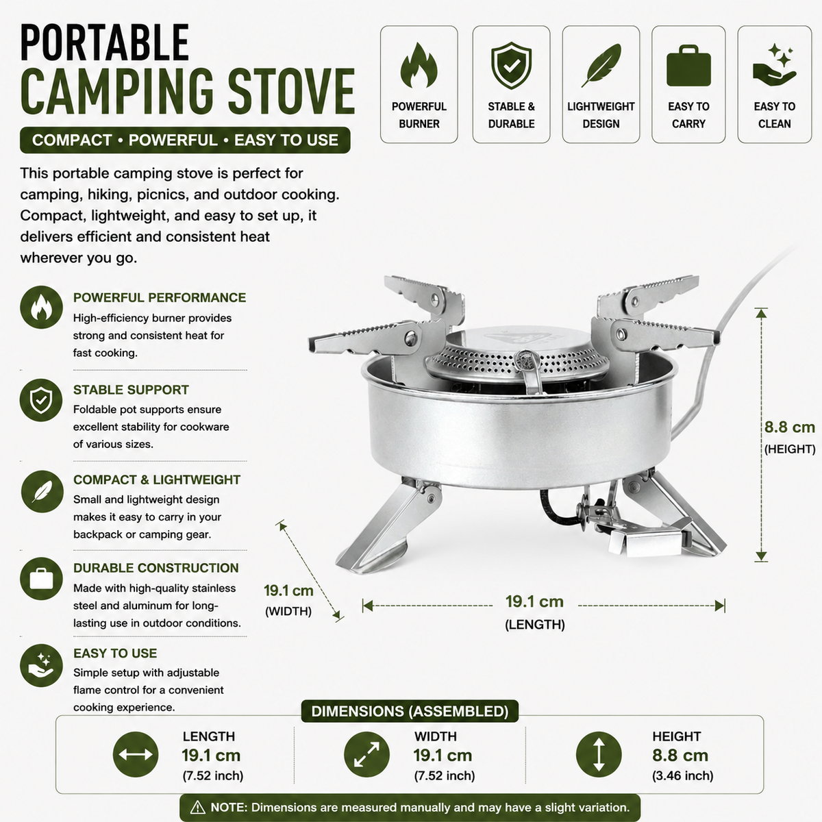 Camping Stove 2270W Gas Burner Windproof Portable Outdoor Cooker - Silver