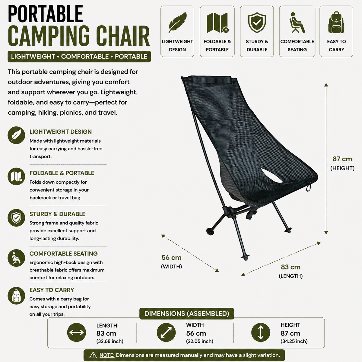 Ultralight Folding Camping Chair 830g High Back Portable Moon Chair Aluminum Alloy Outdoor Seat – Black