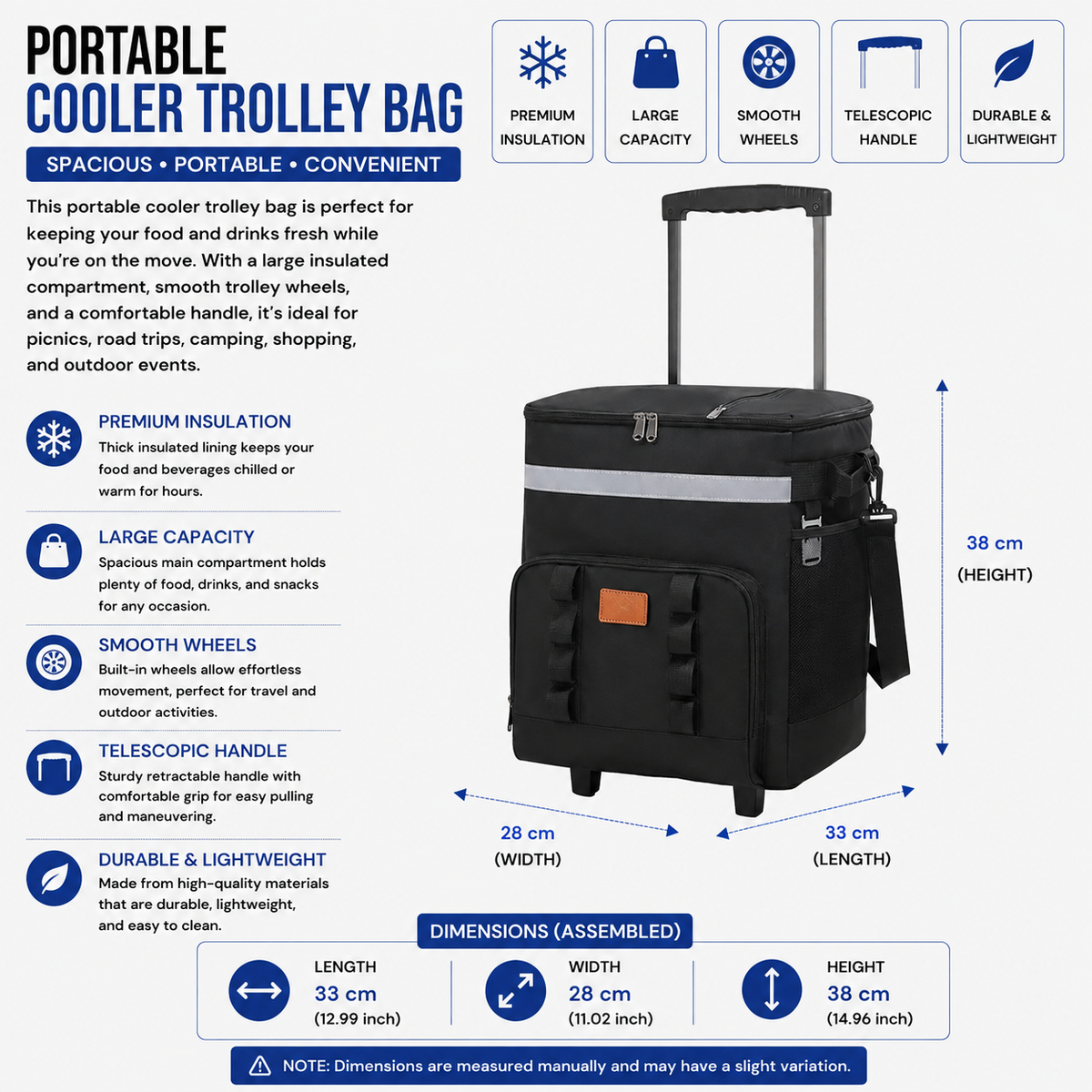 Rolling Cooler Bag Insulated Wheeled Picnic Tote With Trolley Handle - Black