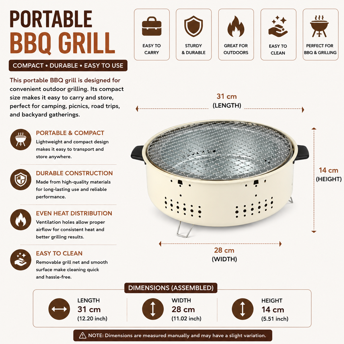 Portable Charcoal BBQ Grill 31cm Round Camping Barbecue Stove - Khaki