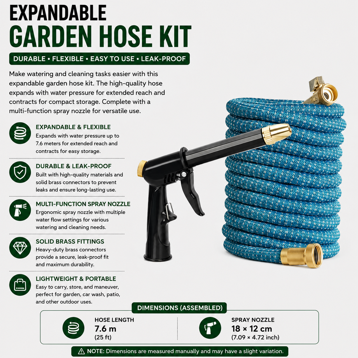 Expandable Garden Hose 25ft Flexible Water Hose with Adjustable Spray Nozzle and 3/4 Inch Connector - Blue