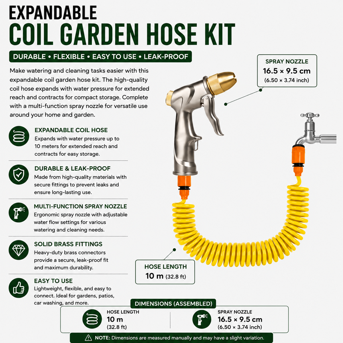 Expandable Garden Hose 10m Flexible Water Hose with Metal Adjustable High Pressure Spray Gun