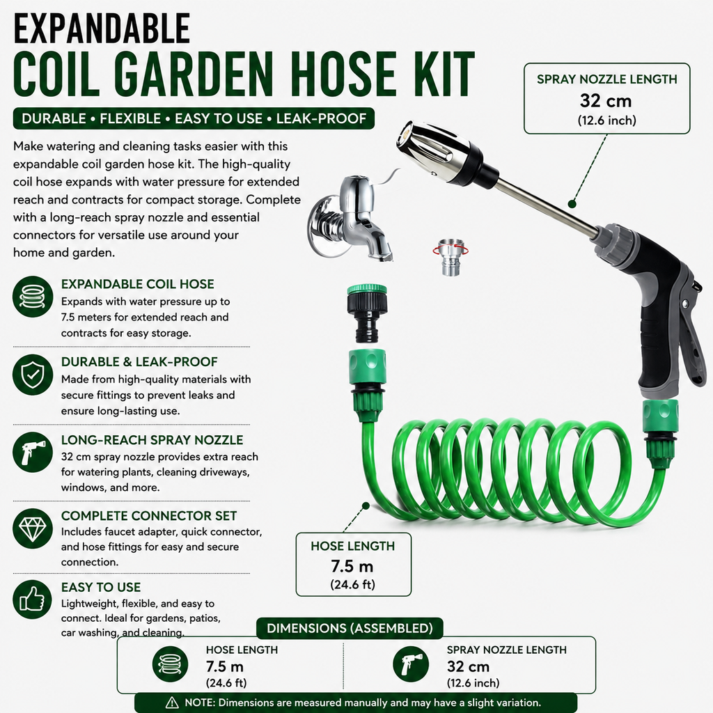 Telescopic Garden Spring Water Hose 7.5m EVA Flexible Coil Hose with Adjustable Spray Gun
