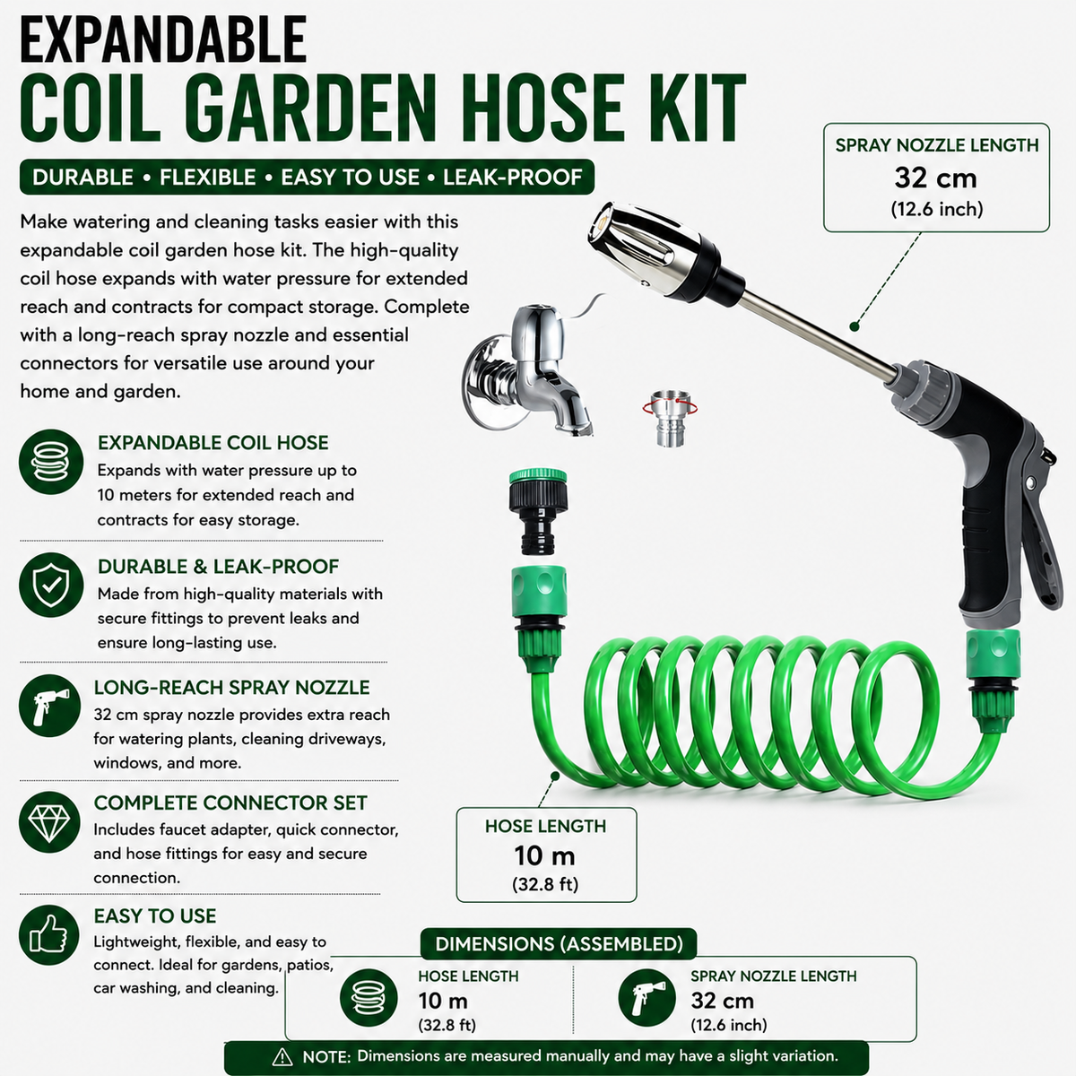 Telescopic Garden Spring Water Hose 10m EVA Flexible Coil Hose with Adjustable Spray Gun